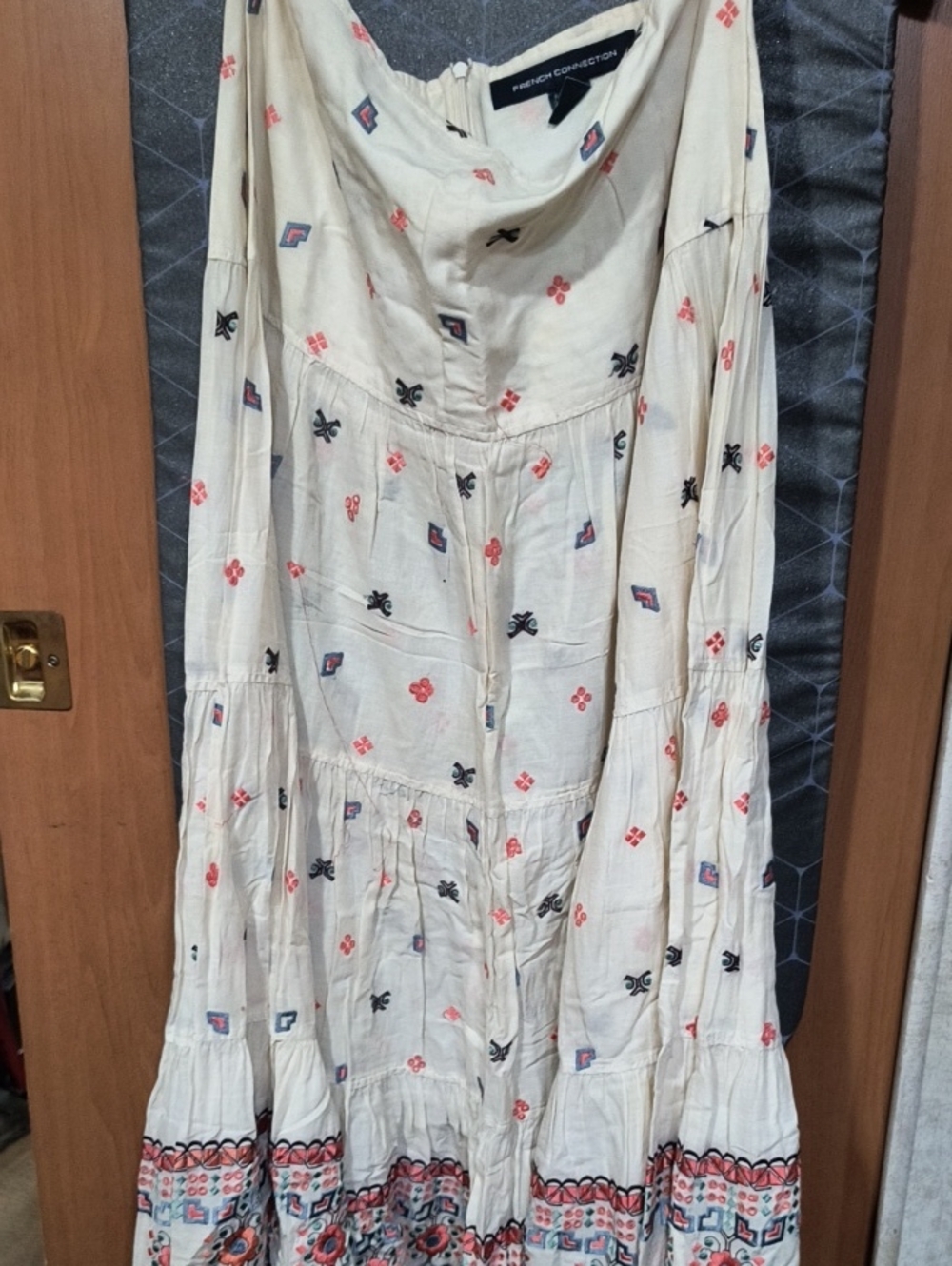 French Connection Cream Cotton Dress with Coral & Navy Embroidery